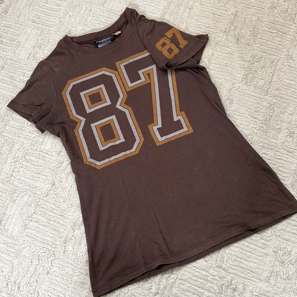 Realitee short sleeve 87 t-shirt top, brown, 100% cotton, Size Small